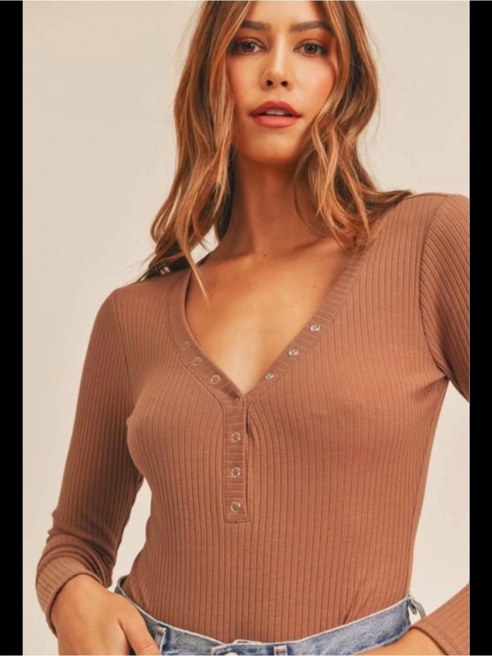 Nordstrom Brown Ribbed V-Neck Button Closure Top